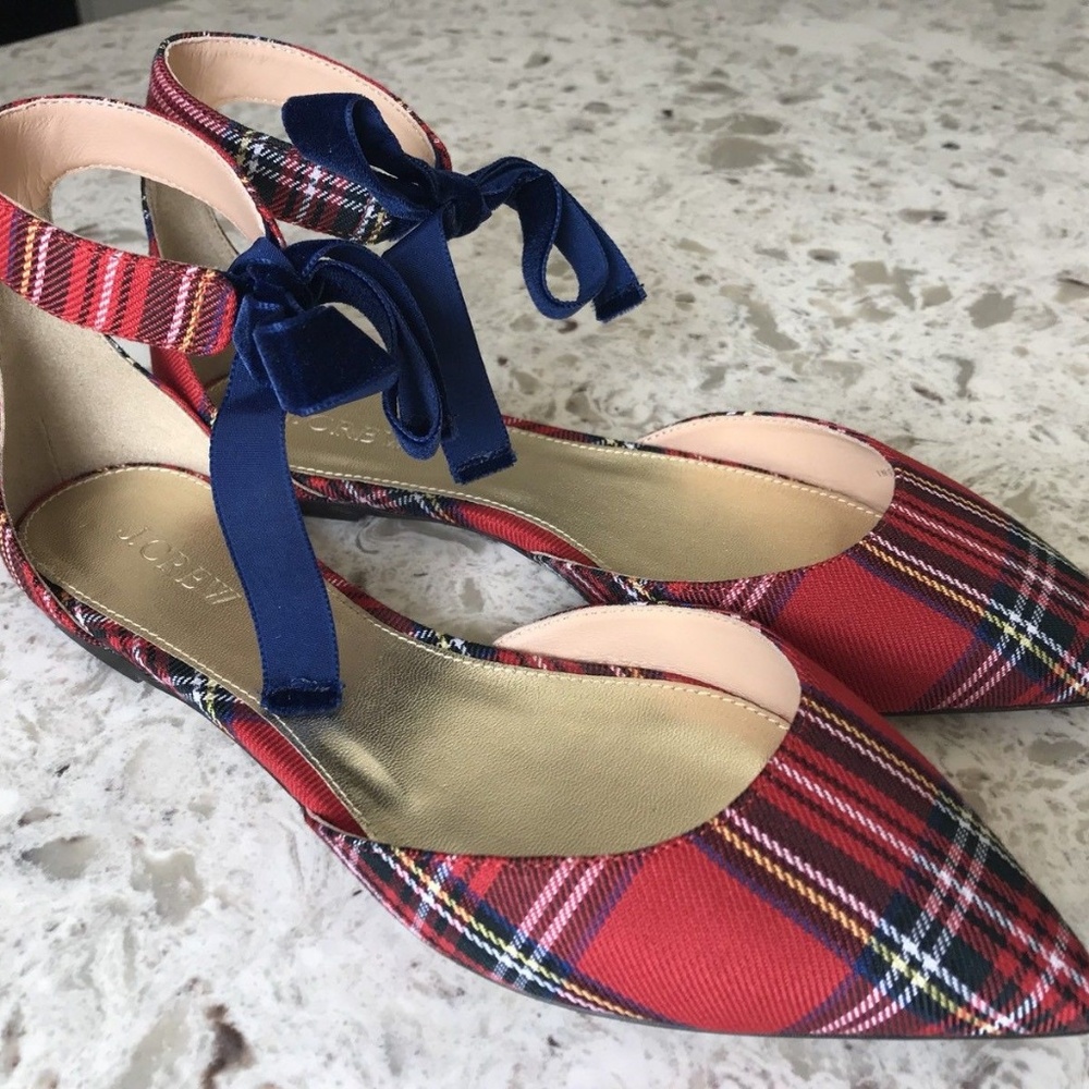 J. Crew Red Plaid Pointed Toe Flats with Navy Velvet Bow